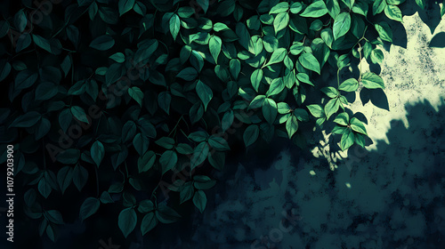 Green leaves on top of a wall, depicted in a chiaroscuro style with an aerial view and chromatic saturation. Chiaroscuro. Illustration