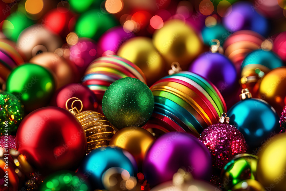 Close-up view of a collection of colorful Christmas balls, including gold and silver ones, with a blurred background that suggests a festive setting. Close-up view of a collection of colorful Christmas balls, including gold and silver ones, with a blurred background that suggests a festive setting.