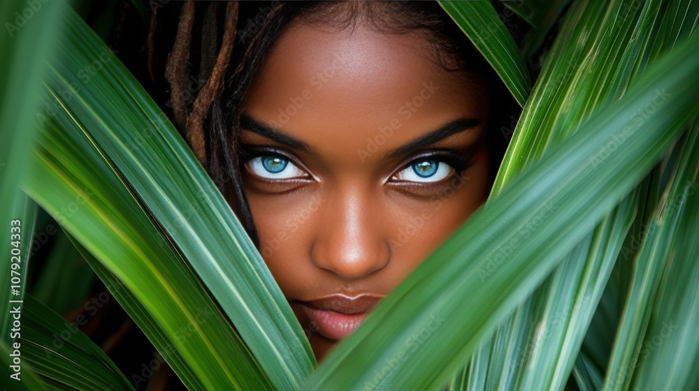 A young woman with captivating blue eyes engages with the camera while partially concealed among verdant leaves, emphasizing her striking features in a natural setting A young woman with captivating blue eyes engages with the camera while partially concealed among verdant leaves, emphasizing her striking features in a natural setting