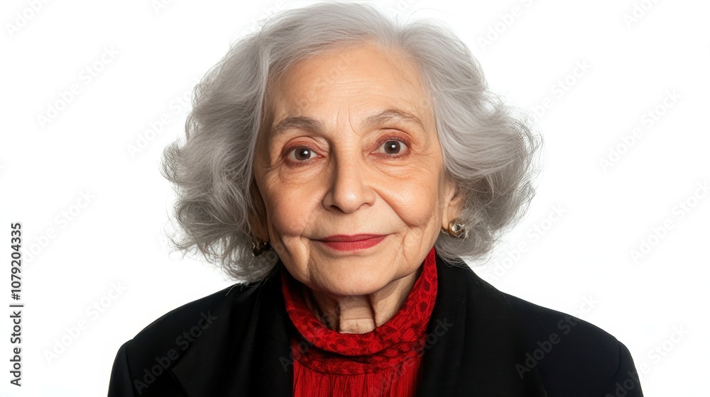 An elderly woman showcases her gray hair and gentle smile while dressed in a red scarf against a plain white backdrop, radiating warmth and wisdom An elderly woman showcases her gray hair and gentle smile while dressed in a red scarf against a plain white backdrop, radiating warmth and wisdom
