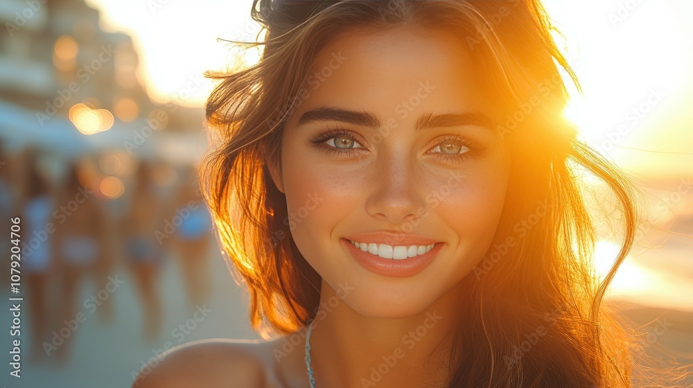 The sun sets on a beautiful summer evening as a young woman beams joyfully at the camera, her friends blurred in the background, creating a lively beach atmosphere The sun sets on a beautiful summer evening as a young woman beams joyfully at the camera, her friends blurred in the background, creating a lively beach atmosphere