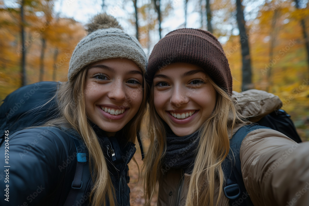 Joyful friends enjoying a scenic hike in the fall, capturing memories together Joyful friends enjoying a scenic hike in the fall, capturing memories together