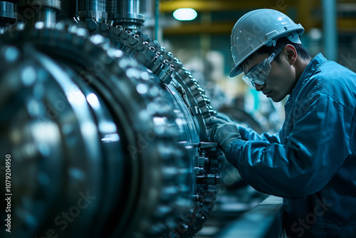 Focused male engineer skillfully managing advanced factory machinery
