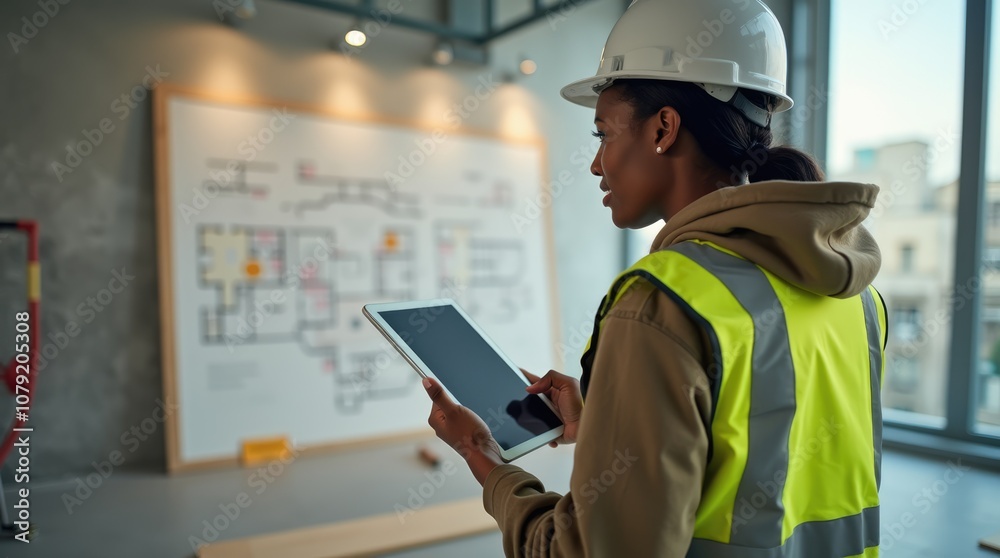 Architectural Planning in Action: A Black Woman Engineer Uses a Tablet for On-Site Assessment, Reviewing Floor Plans and Project Specifications.
Architectural Planning in Action: A Black Woman Engineer Uses a Tablet for On-Site Assessment, Reviewing Floor Plans and Project Specifications.