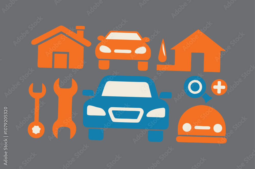 Auto service, car garage icons set vector art illustration. Auto service, car garage icons set vector art illustration.