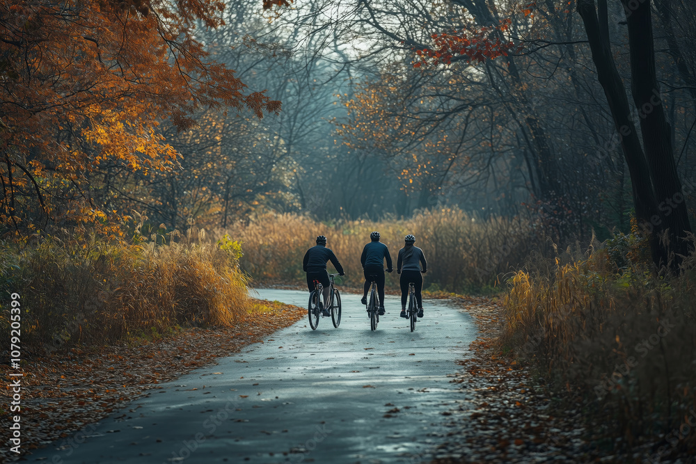 Mature couple enjoying a peaceful bicycle ride along a scenic autumn pathway Mature couple enjoying a peaceful bicycle ride along a scenic autumn pathway