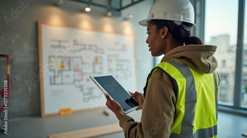 Architectural Planning in Action: A Black Woman Engineer Uses a Tablet for On-Site Assessment, Reviewing Floor Plans and Project Specifications.