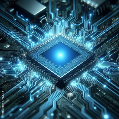 Glowing light blue neon AI chip with thin circuit contact lines. AI chip on technology background. Abstract digital tech background in monochrome blue. Semiconductor on a board
 photo