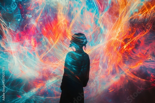 A person's silhouette stands against swirling vibrant colors creating an intense cosmic energy environment.