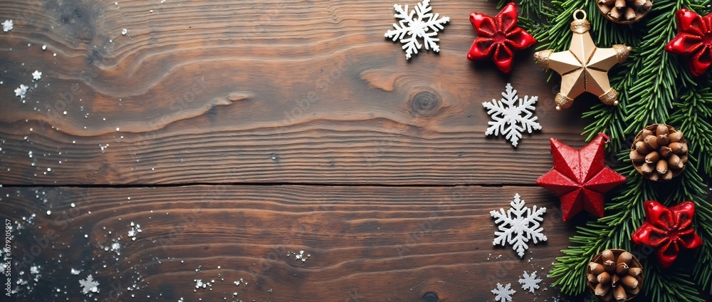 Empty wooden table top with frame made of snowflakes and fir tree branches. Background for design for winter holidays, Christmas and New Year. Top view, flat lay with copy space Empty wooden table top with frame made of snowflakes and fir tree branches. Background for design for winter holidays, Christmas and New Year. Top view, flat lay with copy space