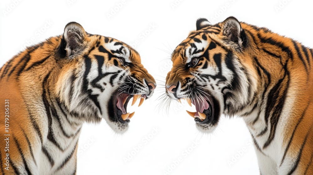 Obraz premium Two tigers face each other, snarling with bared teeth, a powerful display of their wild nature.