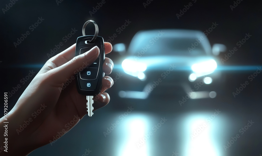 A hand holds a car key in the foreground with a blurred car and headlights visible in the background. Concept of technology and convenience.