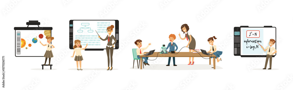 Fototapeta premium Boy and Girl at School Lesson Gain Subject Knowledge Vector Set