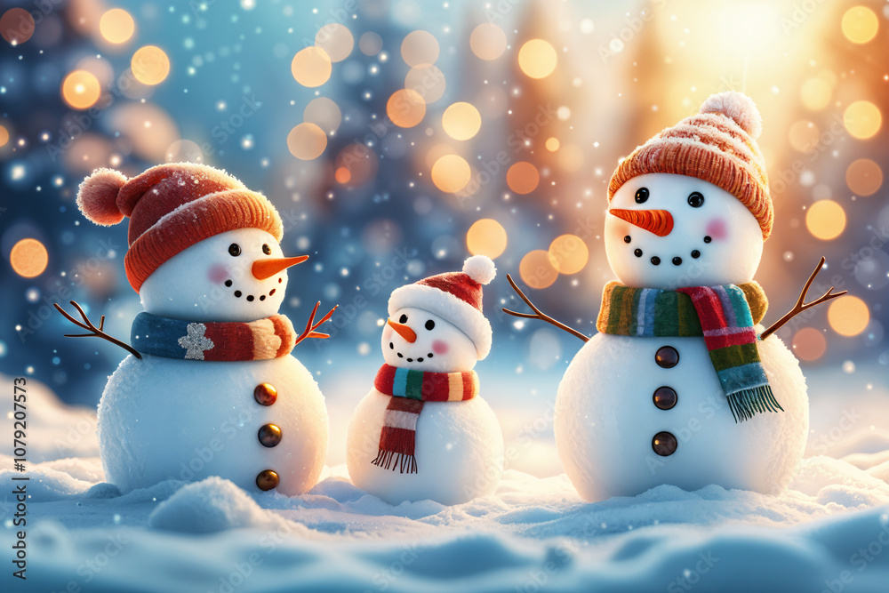Festive winter scene with three snowmen standing together on a snowy surface, surrounded by falling snow and bokeh lights that suggest it's nighttime. Festive winter scene with three snowmen standing together on a snowy surface, surrounded by falling snow and bokeh lights that suggest it's nighttime.