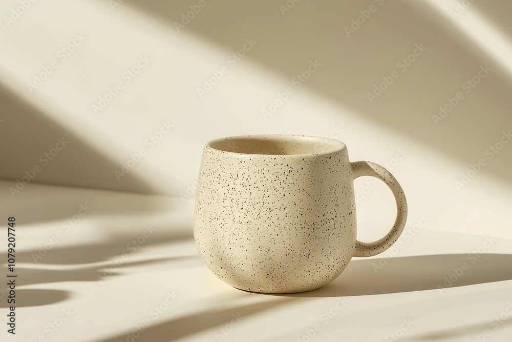 Fototapeta premium Runde Keramiktasse mit gesprenkelter Textur beige Kaffeetasse rustikales Design Vintage-Stil handgefertigter Becher für Kaffee Tee stilvolles Trinkgefäß Tasse für Zuhause Büro Geschenkidee