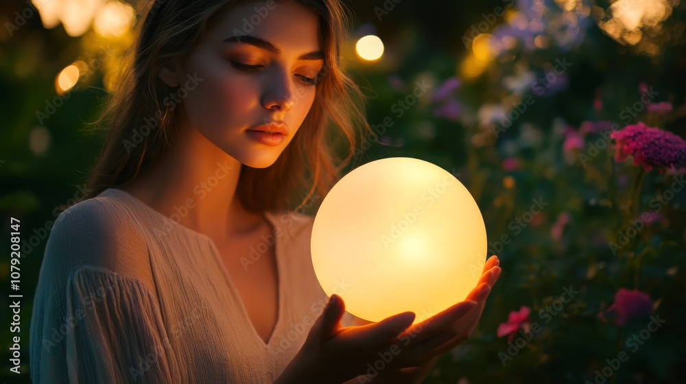 Naklejka premium Eco-friendly illumination: model with solar-powered lamp in serene garden setting