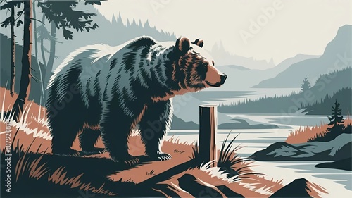 Grizzly bear in the forest. Vector illustration