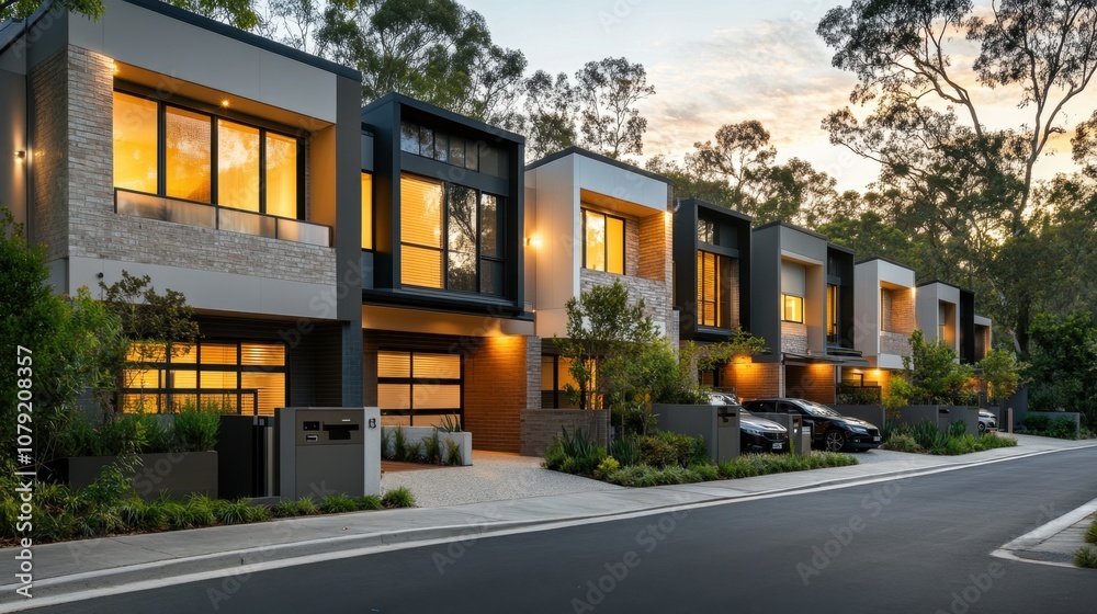 Obraz premium Modern residential architecture suburban street exterior view urban environment contemporary design