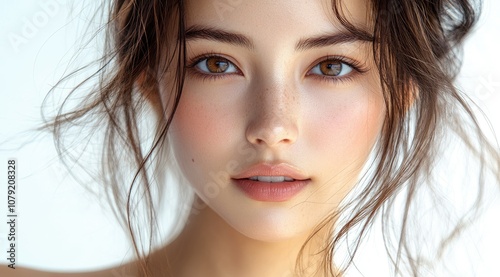 A young woman with brown hair and eyes looking directly at the camera with a soft and natural makeup look.