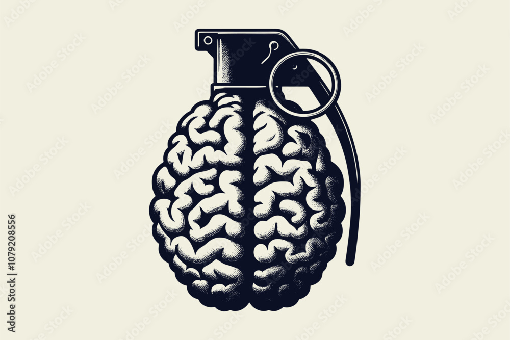 Fototapeta premium Grenade Brain. Abstract black and white vector illustration, emblem, print, logo, tattoo