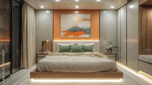 Modern bedroom interior with a large bed, wooden headboard, and decorative artwork