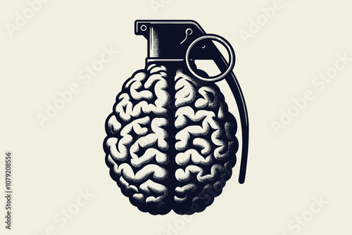 Grenade Brain. Abstract black and white vector illustration, emblem, print, logo, tattoo