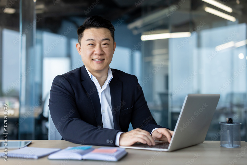 Portrait of a smiling young Asian male businessman sitting at the workplace with a laptop, looking confidently at the camera Portrait of a smiling young Asian male businessman sitting at the workplace with a laptop, looking confidently at the camera