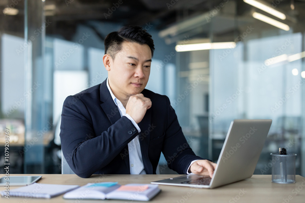Serious young Asian business man sitting in office and working concentrated on laptop Serious young Asian business man sitting in office and working concentrated on laptop