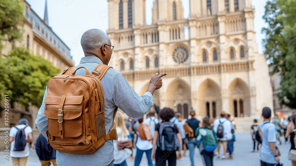 Fototapeta premium Traveler exploring notre dame cathedral in a bustling paris scene
