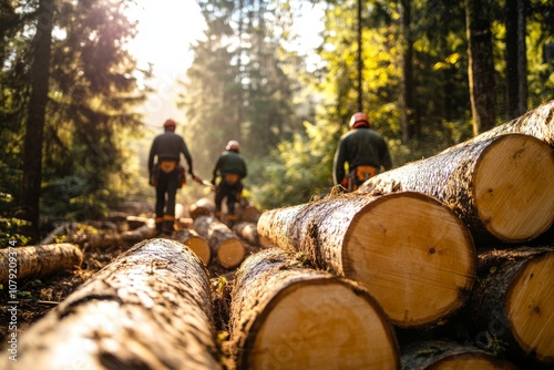 Loggers Working in a Sunlit Forest