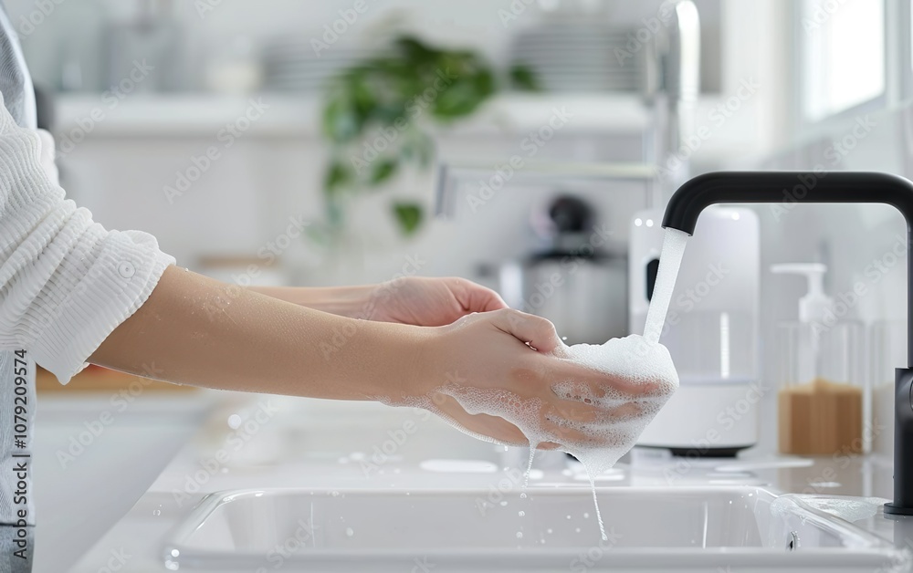 Close up of woman washing her hands using soap in reusable bottle or detergent from recyclable dispenser in modern minimalistic sink. Eco friendly lifestyle, hygiene, sustainable living concept Close up of woman washing her hands using soap in reusable bottle or detergent from recyclable dispenser in modern minimalistic sink. Eco friendly lifestyle, hygiene, sustainable living concept