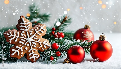 White Background with Christmas Decorations and Gingerbread Cookies