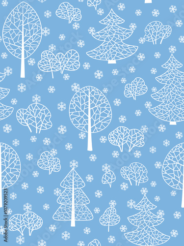 Winter season background with Christmas tree and snow. Vector blue winter seamless pattern