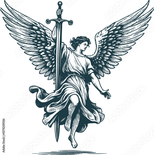 hovering angel holding huge long sword in hand in vector engraving drawing