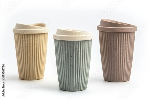 Set wiederverwendbarer Kaffeebecher in Erdtönen umweltfreundliches Design nachhaltige Coffee-to-go Becher Bio-Material langlebig für unterwegs moderne Zero-Waste Trinkgefäße umweltbewusstes Zubehör photo