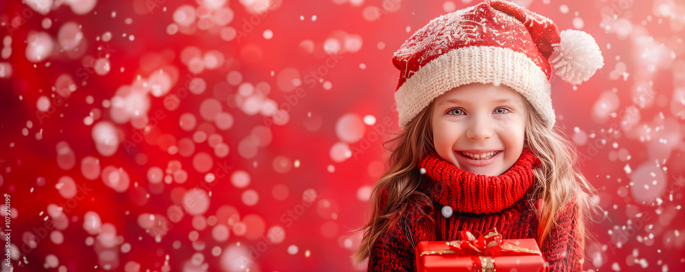 Happy girl holding Christmas gifts in their hands on the red background. Banner, background and card concept. Happy girl holding Christmas gifts in their hands on the red background. Banner, background and card concept.