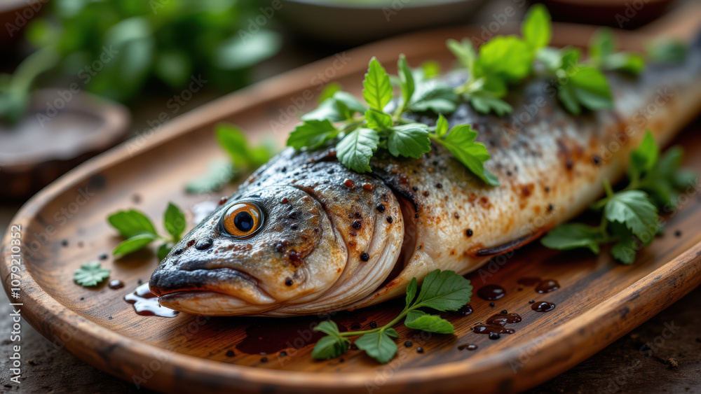 Freshly cooked fish fillet with seasoning on a wooden tray. Freshly cooked fish fillet with seasoning on a wooden tray.