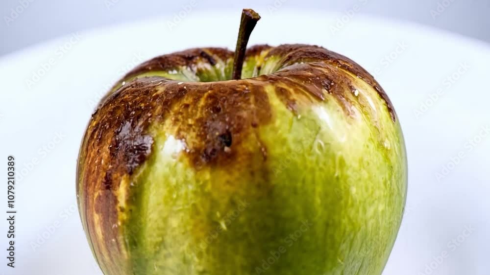 Zoom on a green apple that is partly rotten