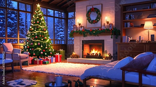 A magnificently opulent Christmas scene unfolds before us: a cozy fireplace crackling with warmth, a Christmas tree adorned with twinkling lights and  ornaments