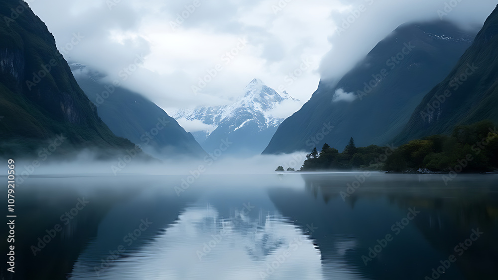 Milford Sound with Mitre peak in foggy on the lake during the morning at New Zealand Milford Sound with Mitre peak in foggy on the lake during the morning at New Zealand