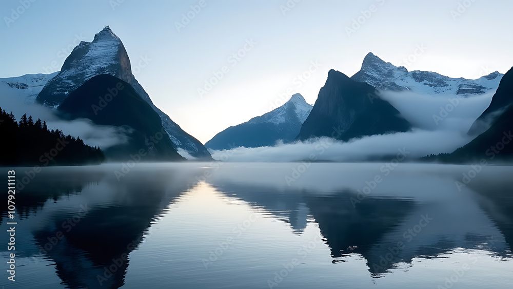Naklejka premium Milford Sound with Mitre peak in foggy on the lake during the morning at New Zealand
