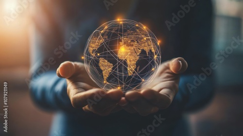 Global Connection Concept with glowing Earth in Hands photo