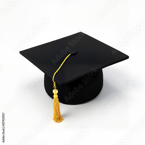Black graduation cap with golden tassel on white background, academic success