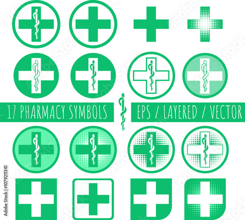 Pharmacy symbols and premade logo designs helpful elements green cross and snake medicine