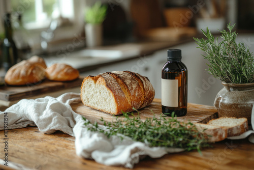 food photography, rosemary oil bottle on rustic table with bread and herbs, perfect backdrop for text photo