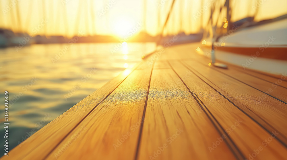 Obraz premium Sunset in marina: sailboat's wooden deck bathed in warm sunlight, creating a serene and opulent ambiance