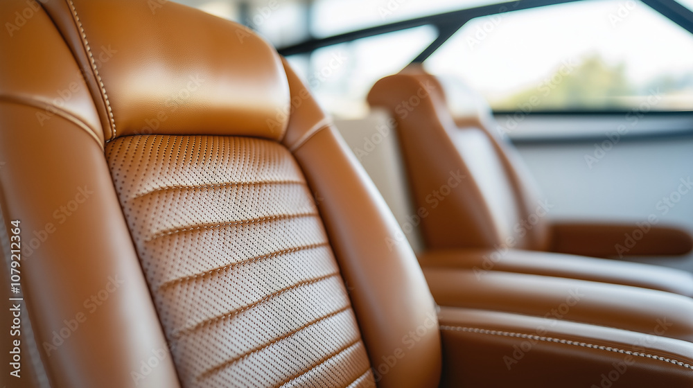 Obraz premium Empty passenger seats inside a luxurious vehicle showcasing high-quality brown leather upholstery, stitching, and perforations for comfort
