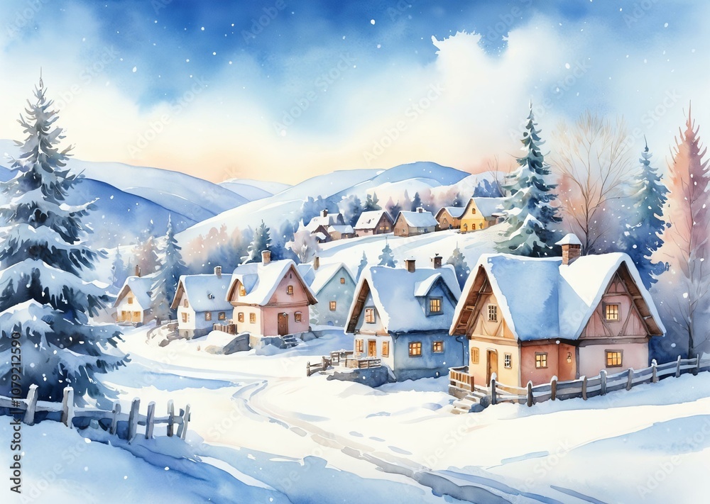 Winter Village Scene with Soft Pastels Winter Village Scene with Soft Pastels