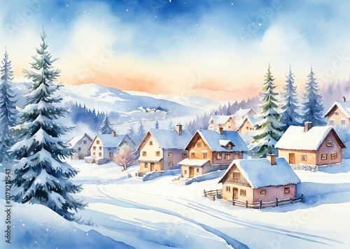 Winter Village Scene with Soft Pastels