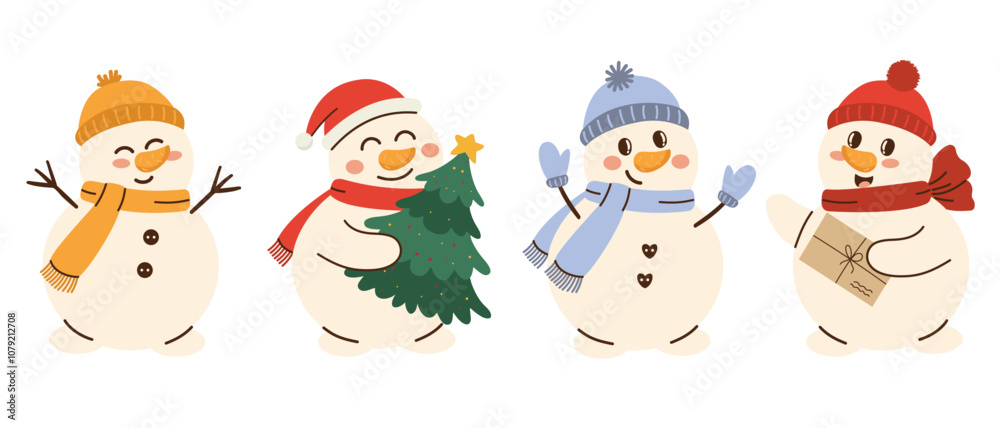 Set of different cute snowmen illustration in children's style with New Year theme. Snowman with hat, mitten scarf. Flat vector illustration on white background
Set of different cute snowmen illustration in children's style with New Year theme. Snowman with hat, mitten scarf. Flat vector illustration on white background